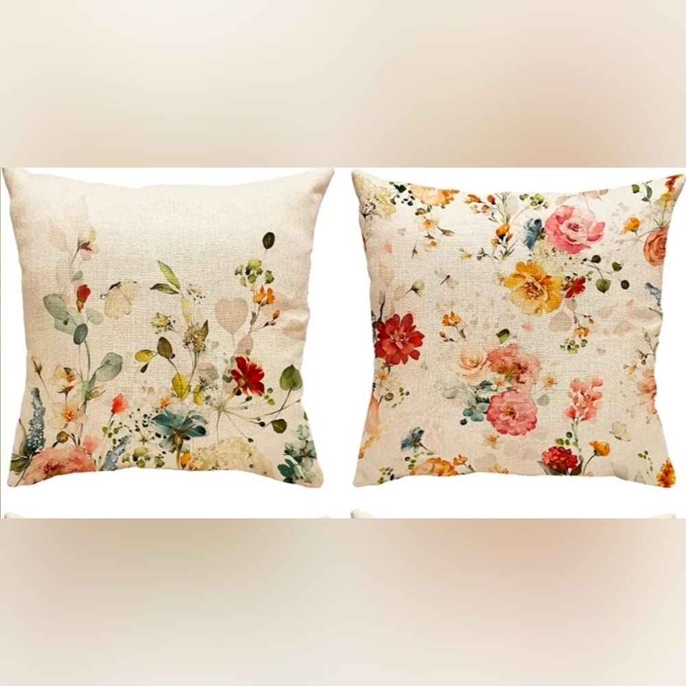 Set Floral Decorative Throw Pillow Covers - Cream with Multicolor Blooms